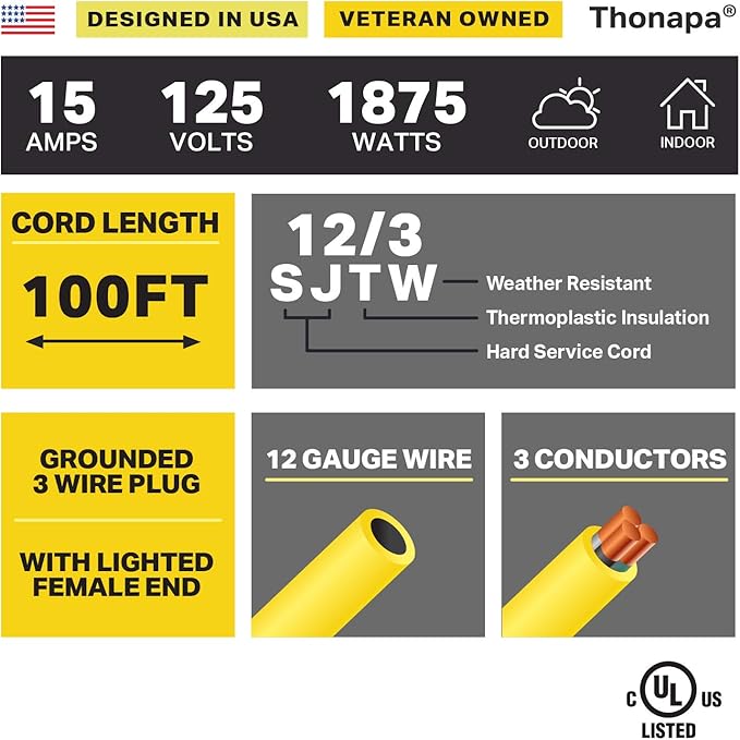 100 Foot Outdoor Extension Cord - 12/3 Heavy Duty Yellow Extension Cable with 3 Prong Grounded Plug for Safety - Great for Garden and Major Appliances