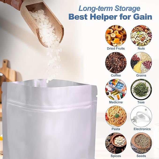50PCS 2Gallon 17"X13" Mylar Bags for Food Storage with Oxygen Absorbers&Lables,10 Mil Thick Resealable Stand-Up Zipper&Heat Sealable Bags for Long Term Food Storage,Dried Food