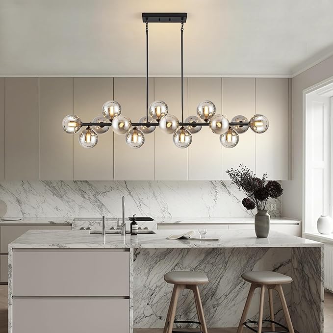 Chandelier,16-Light Large Pendant Lights Kitchen Island Black Linear Sputnik Chandelier Modern Chandeliers for Dining Room Bubble Gray Globe Island Lights for Kitchen Farmhouse Chandelier 55in