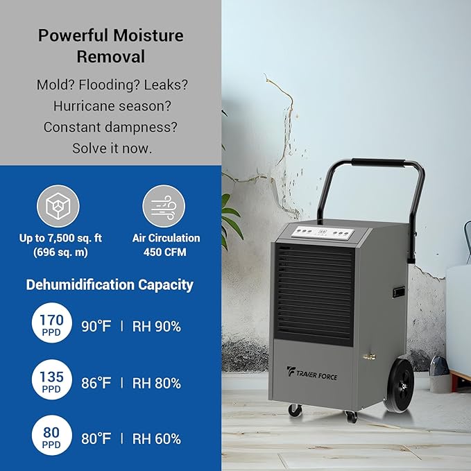 Traver Force Commercial Dehumidifier, 170 Pint Large Dehumidifier with Pump Drain Hose, Up to 7,500 sq. ft, for Crawl Space, Basement, Warehouse, Water Damage Restoration, Job Sites