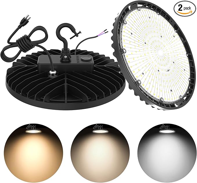 UFO LED High Bay Light 150W 120W 90W Adjustable High Bay LED Shop Lights 4500K 5000K 5700K Tunable 0-10V Dimmable for Warehouse Garage ETL DLC Listed AC100-277V (2 Pack)