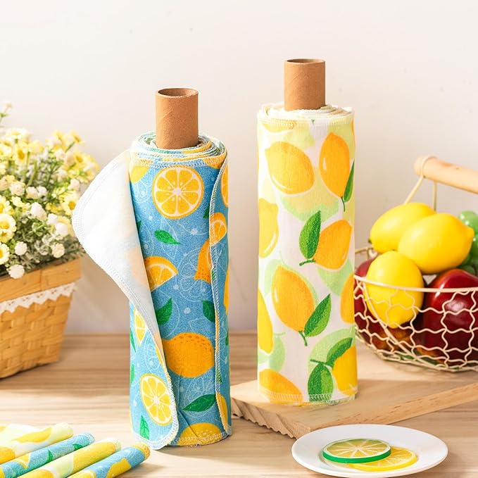 Redbaker 50 Pcs Reusable Paper Towels Paperless Reusable Cotton Cloths Toilet Absorbent Washable Paper Towels with Roll Kitchen Dishcloth for Kitchen Paperless Dishcloths(Lemon)