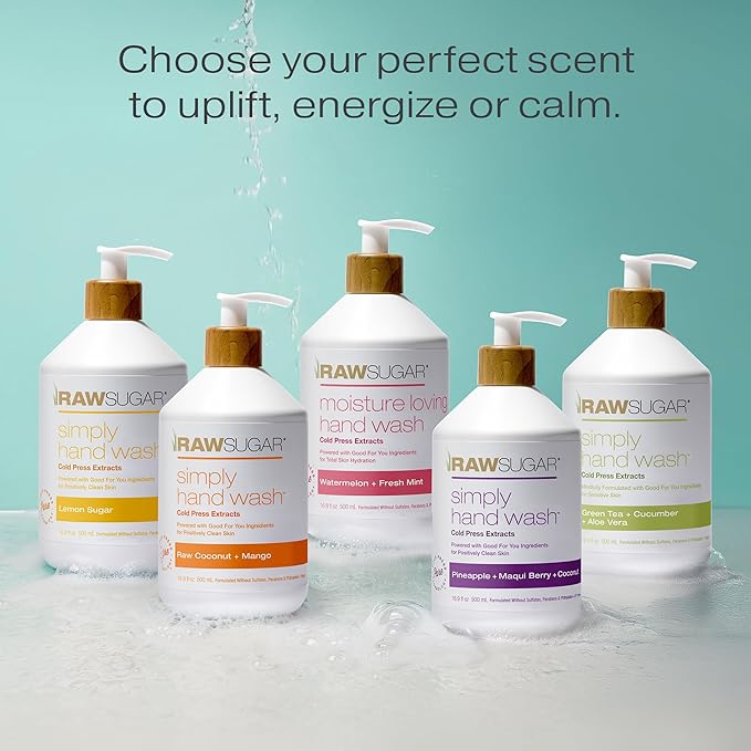 RAW SUGAR Simply Hand Wash, 16.9 Fl Oz (Pack of 3) Pineapple + Maqui Berry + Coconut Liquid Hand Soap for Kitchen or Bathroom, Cleanses & Refreshes Hands, Formulated without Sulfates & Parabens