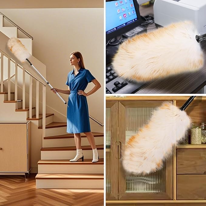 Lambswool Extendable Duster 31-55 Inch | Aluminum Pole with Double-Row Locking Clips | Anti-Static Wool Head for High Ceilings, Fans, Shelves