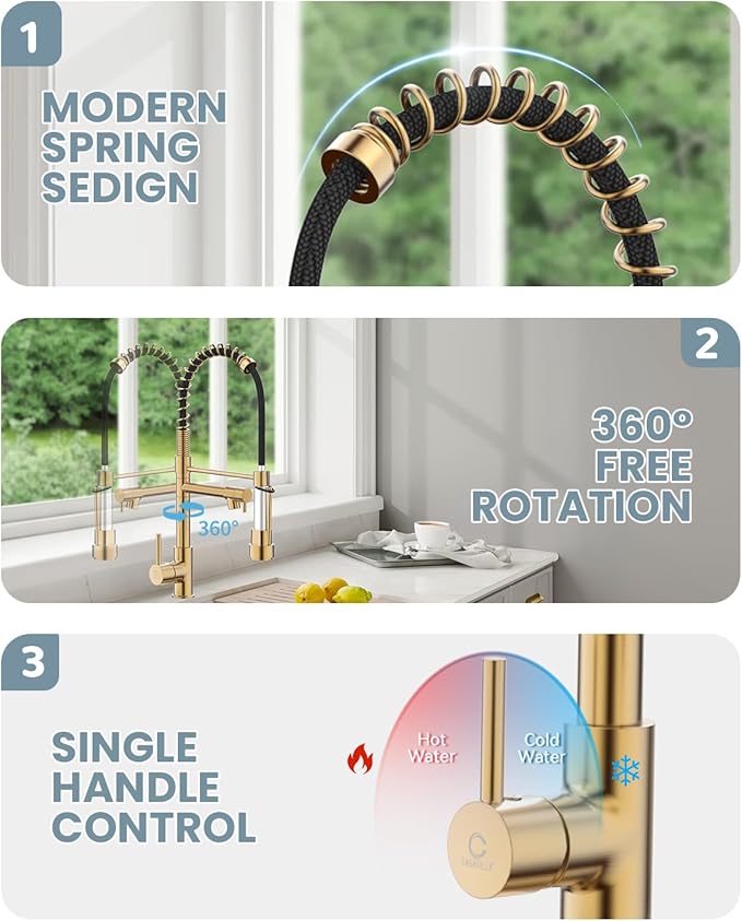 Kitchen Faucets with Pull Down Sprayer, Brushed Gold Faucet for Kitchen Sink with Dual Function Spray Head, Commercial Spring Single Hole Kitchen Sink Faucet with Dual Function Spray Head