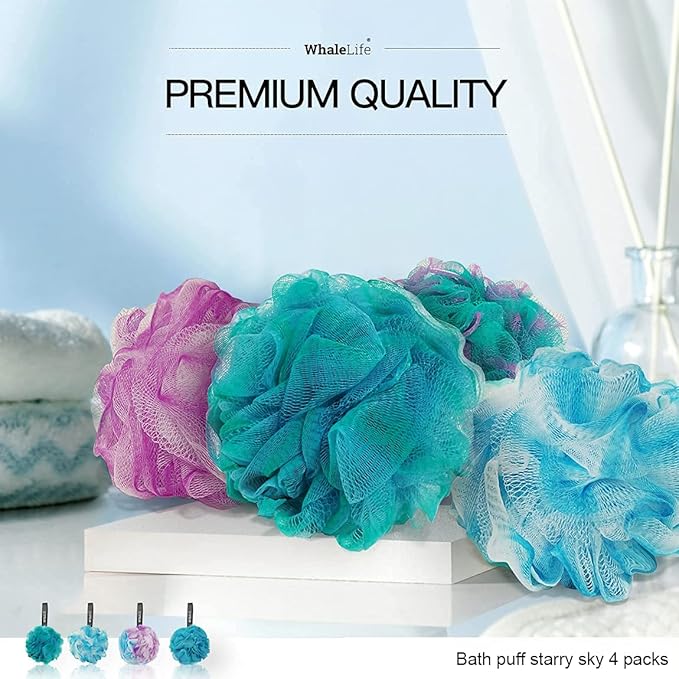 Loofah Sponge Bath Sponge for Women Men 4 Pack (Blue Conbine)