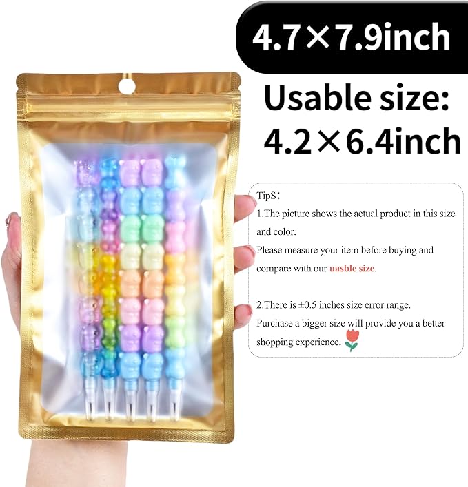 100 Pack Resealable Plastic Bags for Food Storage, Zipper Bags with Clear Front Window, Packaging Pouch for Small Business (Gold, 4.7x7.9 inch)