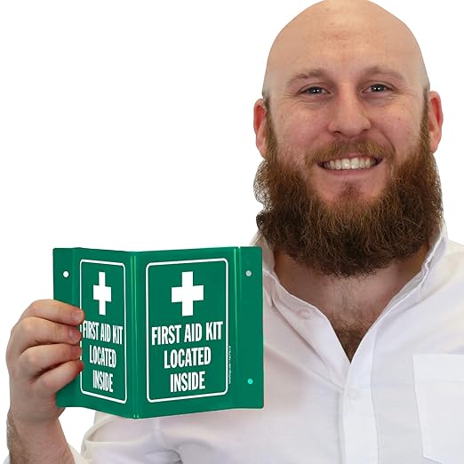 SmartSign First Aid Kit Located Inside Projecting Sign | 5" x 6", V-Shaped Acrylic Sign for Hallway, Corridor, Green and White, Made in USA