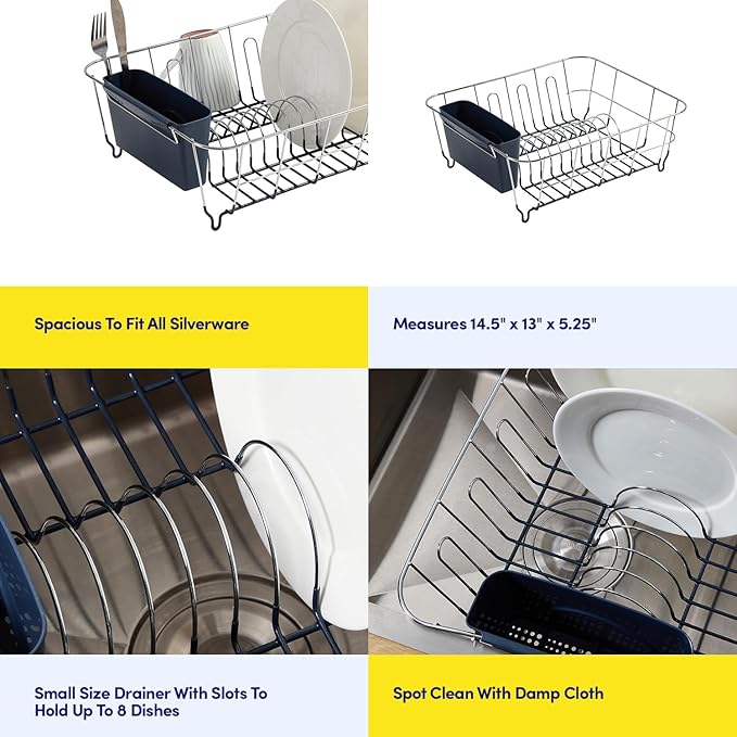 Dish Drying Rack & Cutlery Holder 2 Piece Set - Compact Sink-Fitting Dish Drainer with Rubberized Undercoating, Space-Saving Kitchen Organizer for Plates, Cups, Bowls & Utensils In Sink, Navy Blue