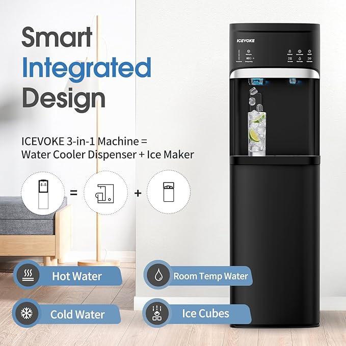 3 in 1 Self-Cleaning Water Dispenser with Ice Maker, Bottom Loading Hot and Cold Water Cooler for 5 Gallon Bottle - Includes Child Safety Lock & Nightlight - Water Machine for Home, Office