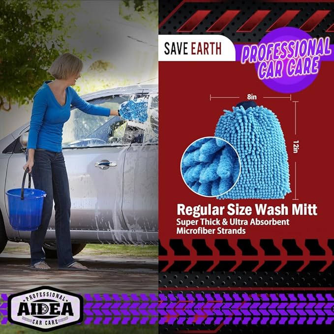 AIDEA Car Wash Mitt Microfiber2PK, Scratch-Free& Lint-Free, Premium Chenille Microfiber Wash Mitt-Blue Extra Large Size (8''X12'')