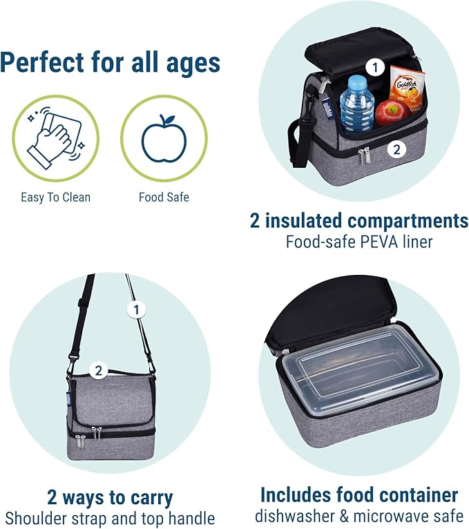 Wildkin Two Compartment Insulated Lunch Bag for Kids – School & Travel Ready - Gray Tweed