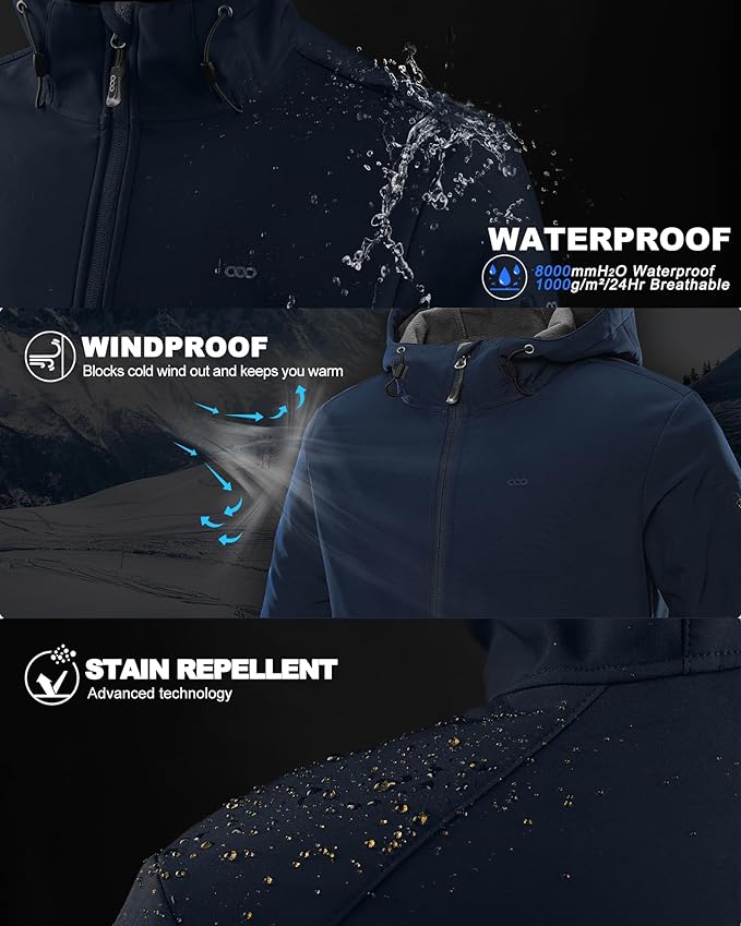 33,000ft Men's Hooded Softshell Jacket Waterproof Lightweight Insulated Windbreaker Fleece Lined Rain Shell Jacket