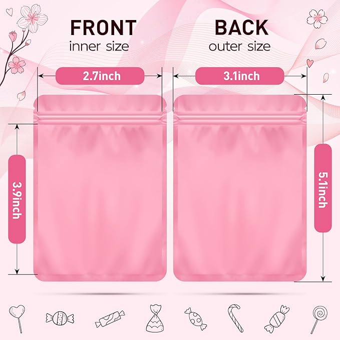Funfery 100 Pack Pink Mylar Packaging Bags Resealable Bags Double Sided Color Odor Proof Pouch Baggies Smell Proof Foil Bag for Food Storage,Small Business(Pink,3.1x5.1inch)
