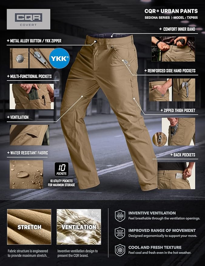 CQR Men's Vent Stretch Pants, Quick Dry Lightweight Casual Cargo Pants, Water Resistant Straight-Fit Utility Work Pants