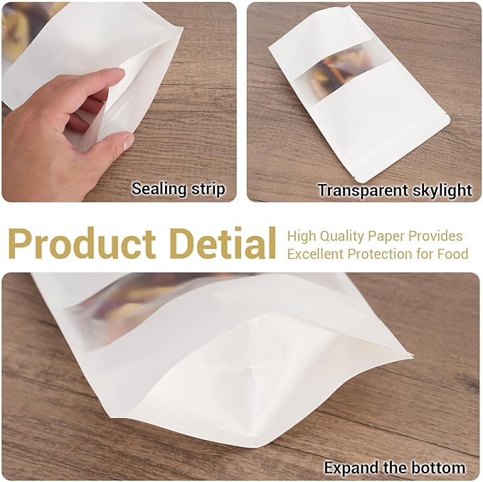 100 Pcs White Kraft Paper Bags with Window, 3.5" x 5.5" Stand Up Pouches Bags, Zip Lock Food Storage Bags for Packaging Products, Reusable, Sealable