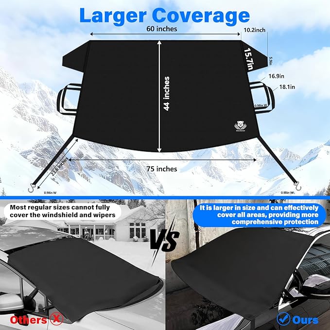 Windshield Cover for Ice and Snow,Heavy Duty 600D Oxford Fabric,Snow Windshield Cover for Car,Trucks, SUV,Sedan,MPV,Van,Winter Frost Hails Windshield Protector Blanket,Large,75/60Wx44D Inch
