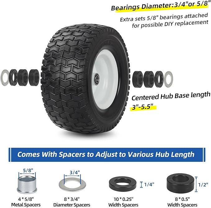 13x6.50-6 Tire and Wheel, 13x6.5-6" Flat-free Lawn Mower Tires, 3”-6.5“ Centered Hub, 3/4" or 5/8" Bearing, Universal Fit Garden Tractor Front Wheels, 4 Ply, V-Turf Pattern, 2 Pack