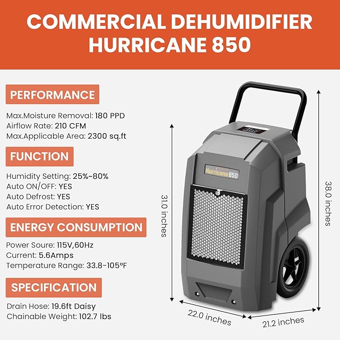 Abestorm Commercial Dehumidifier with Pump Drain Hose, 180 Pints Large Capacity Industrial Dehumidifier for Basements, Garages, Job Sites, 5 Years Limited Warranty, Grey