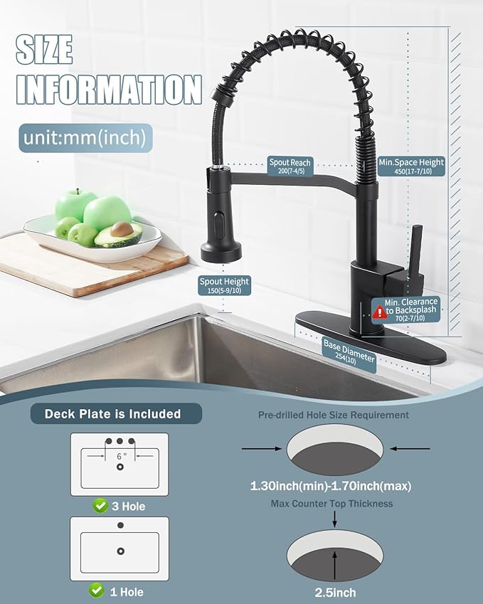 Black Kitchen Faucet Soap Dispenser, Faucet for Kitchen Sink, Kitchen Sink Faucet with Deck Plate, Kitchen Faucet with Pull Down Sprayer and Dual Function Spray Head