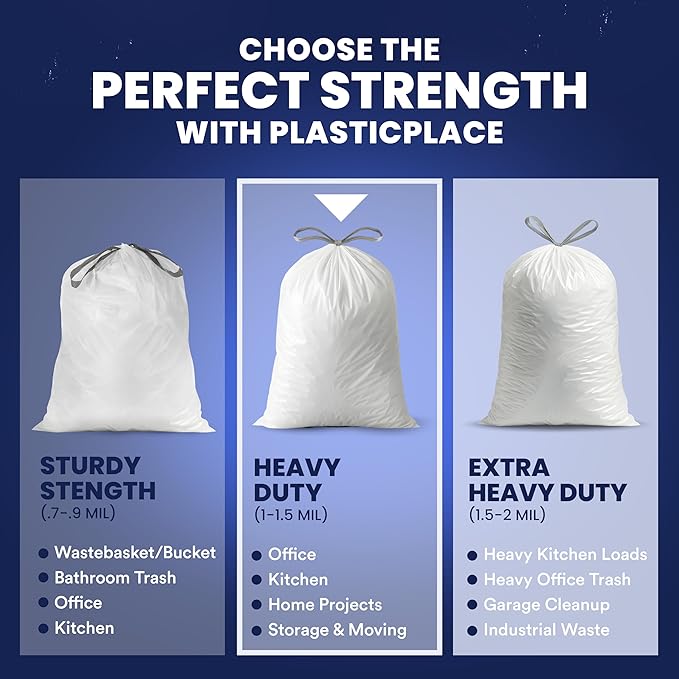 Plasticplace 13 Gallon Trash Bags â”‚ 1.2 Mil â”‚ White Drawstring Garbage Can Liners â”‚ 24" x 31", 200 Count (Pack of 1)
