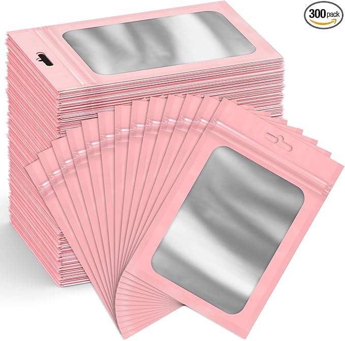 Funfery 300 Pack Smell Proof Resealable Bags for Food Storage,Mylar Clear Bags 4x6 Pink Packaging Bag- Edibles,Odorless Scent Proof Bag for Cookies, Zip Foil Pouch for Small Business