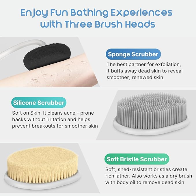 3-in-1 Flexible Up-Down Back Scrubber for Shower for Men & Women, 3 Detachable Back Brush Heads (Silicone/Sponge/Bristle), Ergonomic Long Handle Body Scrubber for Body Cleaning & Exfoliation