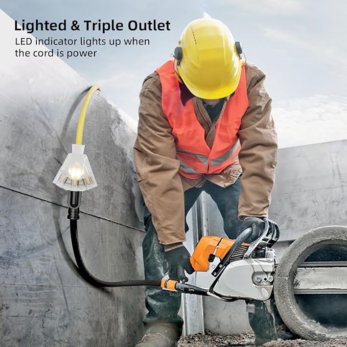 15 FT Outdoor Extension Cord with Multiple Outlets, 12 Gauge Heavy Duty Yellow Extension Cord Waterproof with 3 Outlet, 3 Prong Power Cord for Garden and Home Use Indicator Light, ETL Listed
