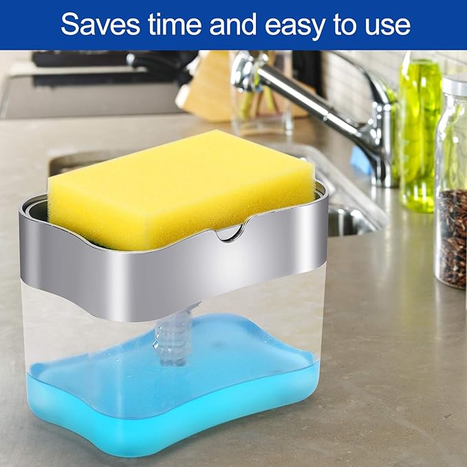 Premium Quality Soap Dispenser with Added Features for Kitchen - Sponge Holder Sink Dish Washing Soap Dispenser 13 Ounces Silver