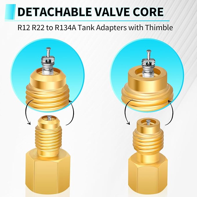 Boltigen R134a Refrigerant Tank Adapters, R12 R22 to R134a Adapter Connector, 1/2 to 1/4 Flare R134a Vacuum Pump Adapter Fittings with Valve Core Remover