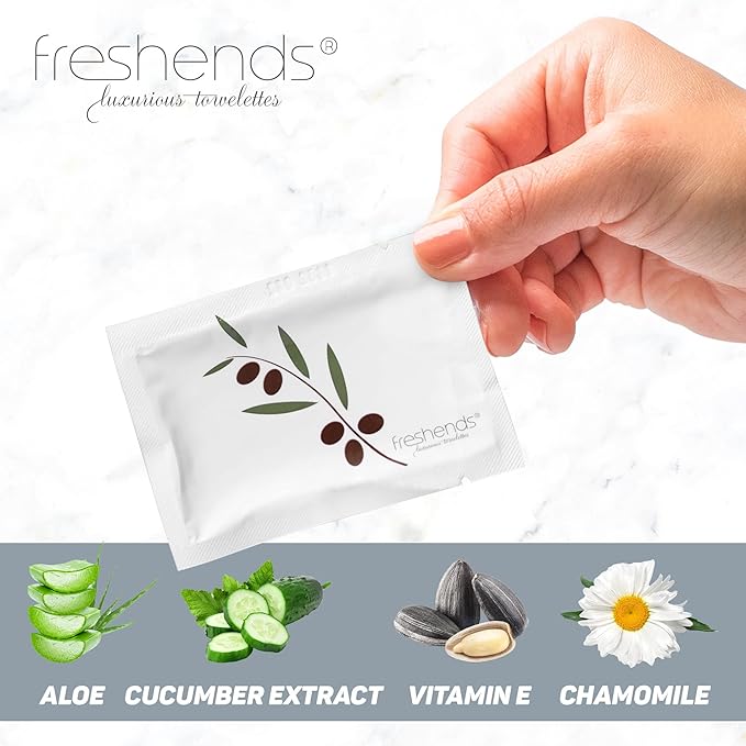 Freshends Flushable Individually Wrapped Wipes – 100 Bulk Pack Luxurious Towelettes, Guest Bathroom Essentials for Weddings, Restaurants, Bars & Clubs – Olive, Travel-Size, Disposable