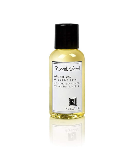 Nabila K Royal Wood Shower Gel & Bubble Bath, 2.4 oz – Non-Drying Body Wash with Jojoba, Aloe Vera & Vitamins – Naturally-Derived, Sulfate-Free – Made in USA – For Men & Women