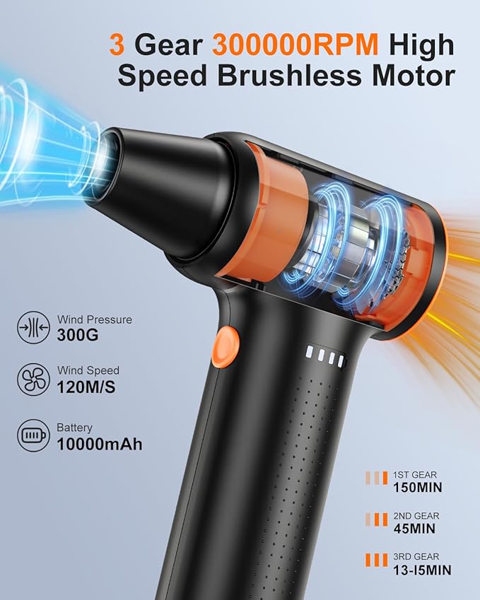 Compressed Air Duster - High Speed 300000RPM Electric Air Duster,120M/S 3 Gear 10000mAh Rechargeable Cordless Air Blower Turbo Fan, Jet Dry Blower for PC Computers Car Electronics