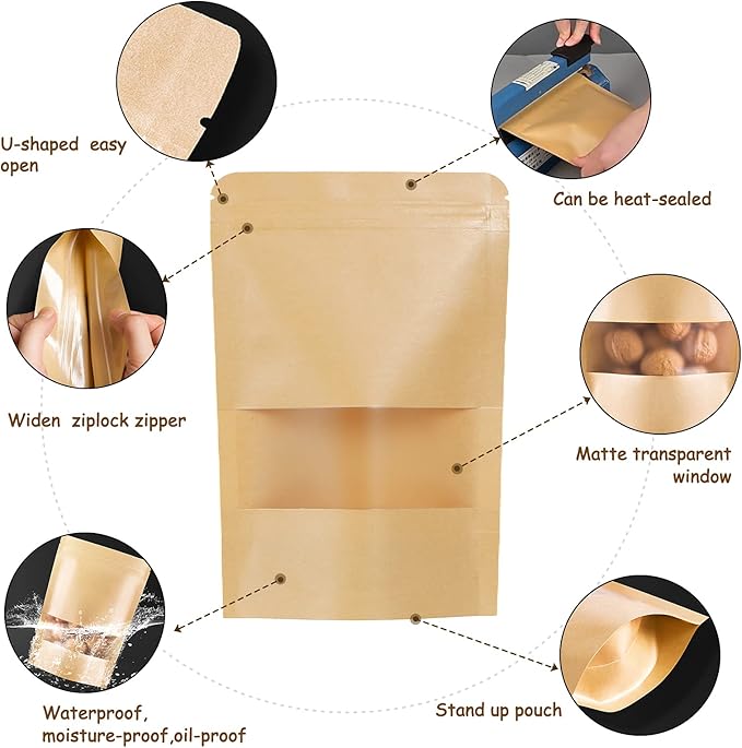 50pcs Kraft Bags with Window 4.7x7.8 Inches Brown Reusable Sealable Zip Lock Food Storage Stand up Paper Pouches for Home or Business