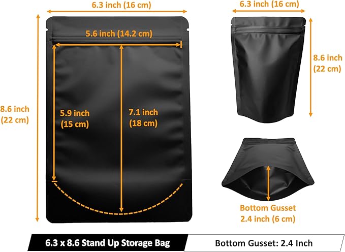 100 Pack Matte Black Stand Up Bags – 5 Mil 6.3x8.6 Inches Resealable Smell Proof Food Storage Zipper Pouch Bag, Large Heat Sealable Plastic Foil Packaging Pouches, Sample Pouch