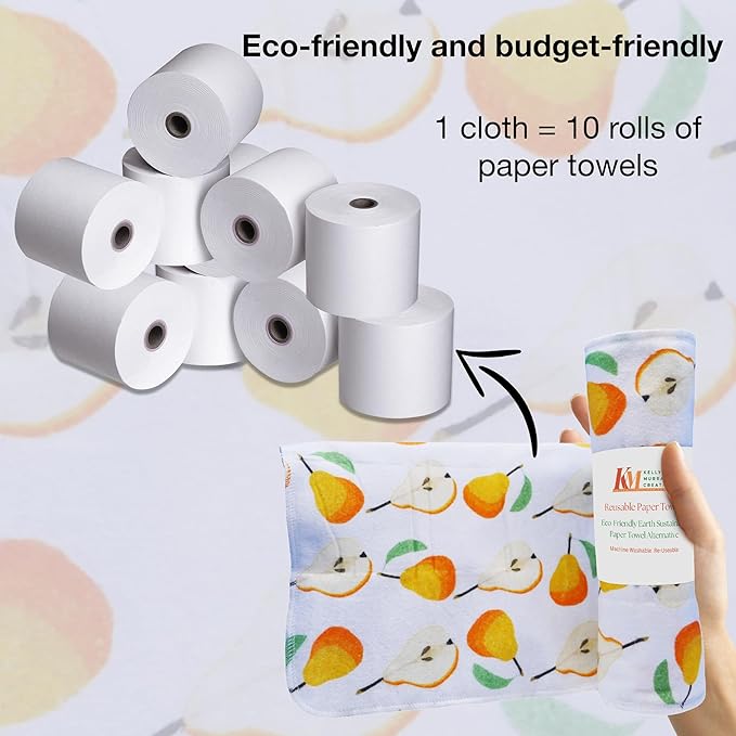 Pack of 10 Reusable Paper Towels | 10x10 Inch Cotton Towels | Kitchen Utensils Print | Eco Friendly, Washable, Quick Drying | Sustainable Cleaning Cloths | Pears