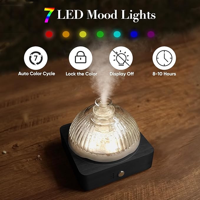 Glass Dome Essential Oil Diffuser with Glass Reservoir & Wood Base-Plastic Free, 200ml Ultrasonic Diffuser for Aromatherapy with Timer 7 Color Light Auto-Off for Gift Home Office Yoga Dark Brown