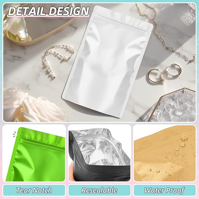 FUNFERY 4x6 inch Stand Up Mylar Resealable Bags for Food Storage,Smell Proof Foil Pouch,Food Packaging Sealable Bags,Mylar Zipper Bag for Jerky,Candy,Cereal,Coffee, Cards,Gold,50 Pack
