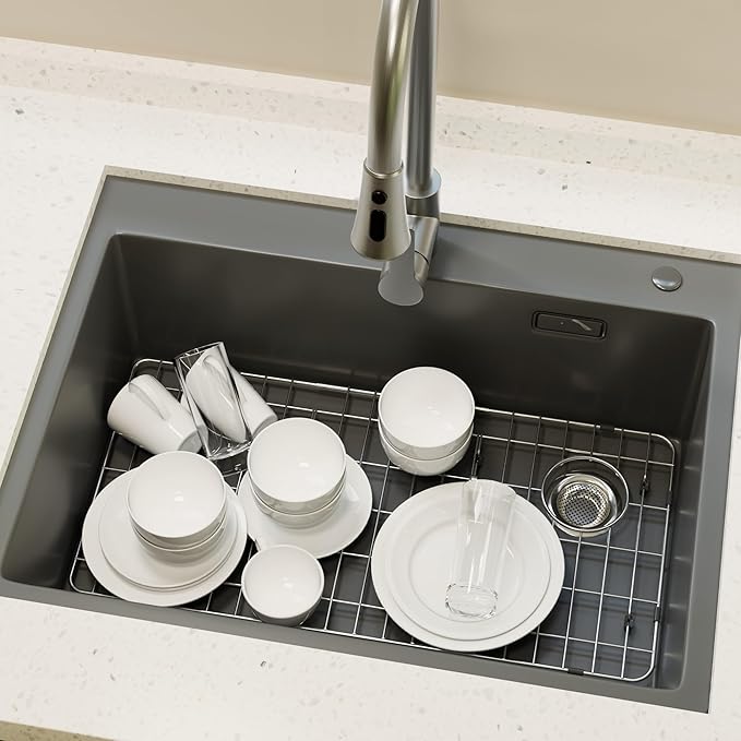 Sink Rack,Large Sink Protectors for Kitchen Sink,28-1/4"X 14-1/4",Stainless Steel Sink Grid for Bottom of Sink,Metal Sink Grate with Strainer,Side Corner Drain for Specific Elkay,1 pack