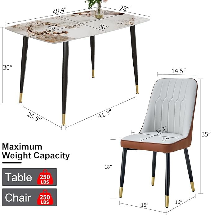 Modern Sintered Stone Dining Table Set - 50" Rectangular Faux Marble Kitchen Table with 4 PU Leather Chairs (1 Faux Marble Table + 4 Gray and Brown Chairs)
