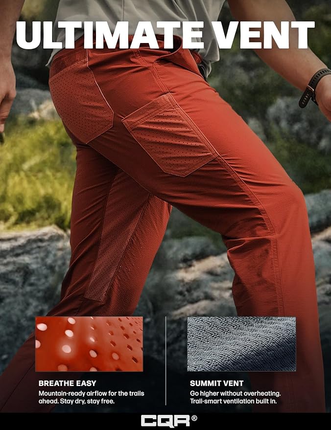 CQR Men's Lightweight Vent Hiking Pants, Water-Resistant & Breathable Sports Outdoor Athletic Pants with Elastic Waist