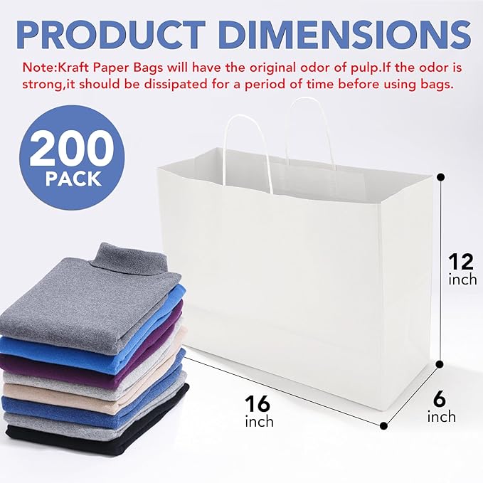 XPCARE 200Pack Large Paper Gift Bags with Handles Bulk,16x6x12 Inch Kraft Bag Packaging White Paper Bags for Birthday Party Boutiques Business Retail Stores Merchandise