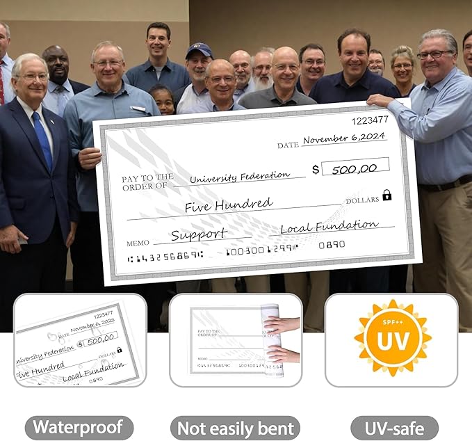 Giant Check | Big Check 30x16 Inch Reusable Award Plaque | Dry Erase Presentation Check for Ceremonial Events with 2 Black Markers