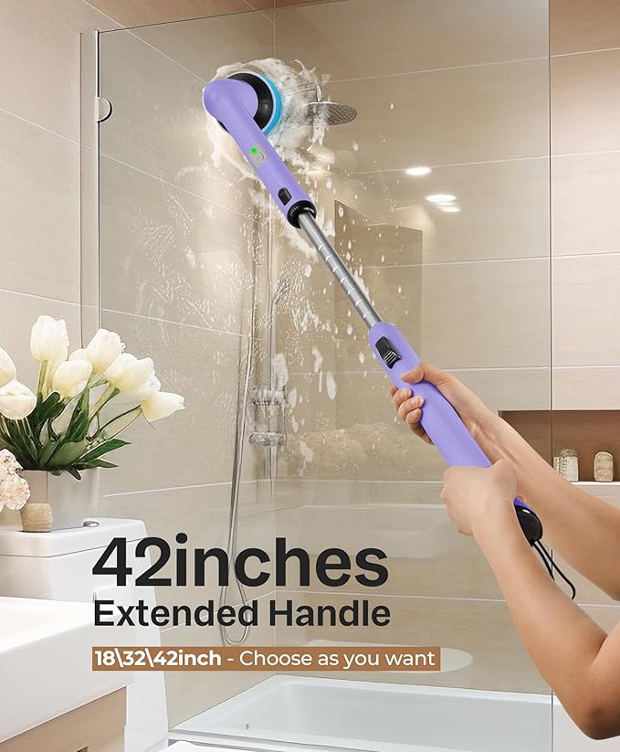 LyriFine Electric Spin Scrubber, New Full-Body IPX7 Waterproof Bathroom Cleaner Brush, Shower Scrubber with Long Handle & 2 Speed, Heads Replacement, Cleaning Supplies for Tub Shower Tile Floor