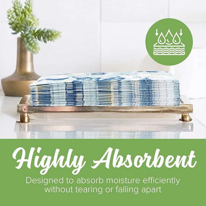 SimuLinen Blue Garden Floral Disposable Hand Towels for Bathroom, Single-Use Linen-Feel Guest Towels, Hand Tissue Paper, Cloth-Like Paper Napkins, Pack of 500