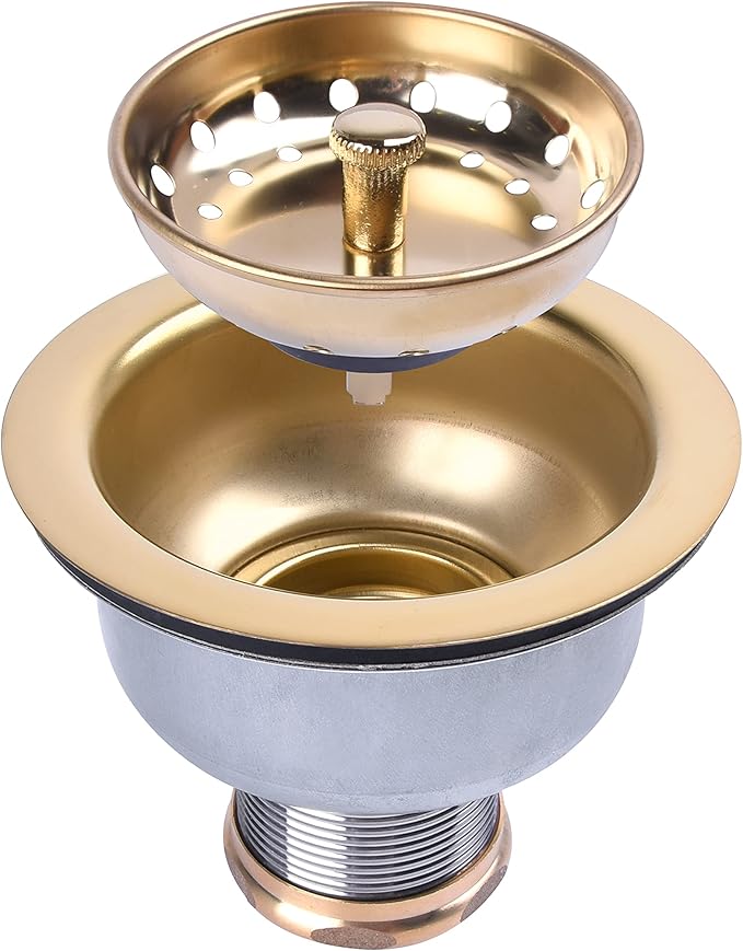 3-1/2 Deep Cup Kitchen Sink Drain Assembly, 304 Stainless Steel Construction with Fixed Post Basket and Long Extended Shank/CAS Approved and Venetian Gold Finish