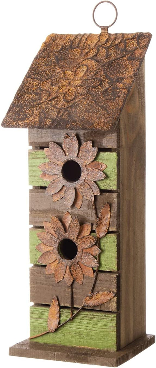 Glitzhome Bird Houses for Outside, 14.45" H Wooden Garden Hanging Bird House Two-Tiered Distressed with Flowers Decorative Birdhouse for Outdoors