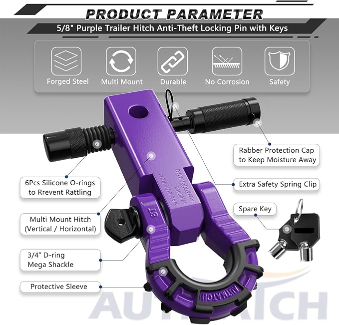 AUTMATCH Shackle Hitch Receiver 2" with 3/4" Mega D Ring Shackle and 5/8" Trailer Hitch Lock Pin, 68,000 Lbs Break Strength Heavy Duty Receiver Towing Kit for Off-Road Vehicle Recovery, Purple