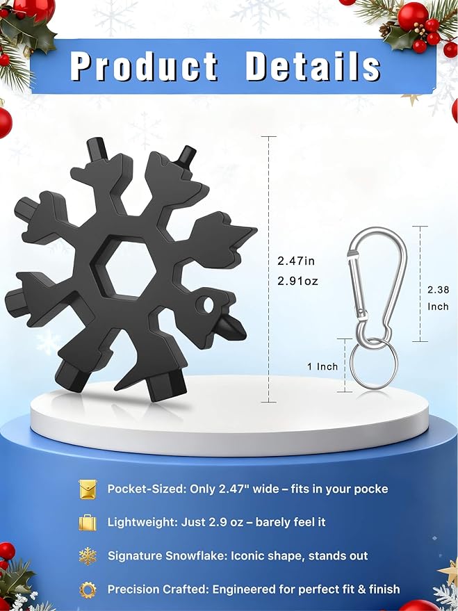 Christmas Gifts for Men 2025 - Stocking Stuffers for Him,18-in-1 Snowflake Multi Tool 2 Pack,Stainless Steel Multitool with Carabiner & Bottle Opener,Holiday Gift for Dad,Husband,Brother(Silver+Black)