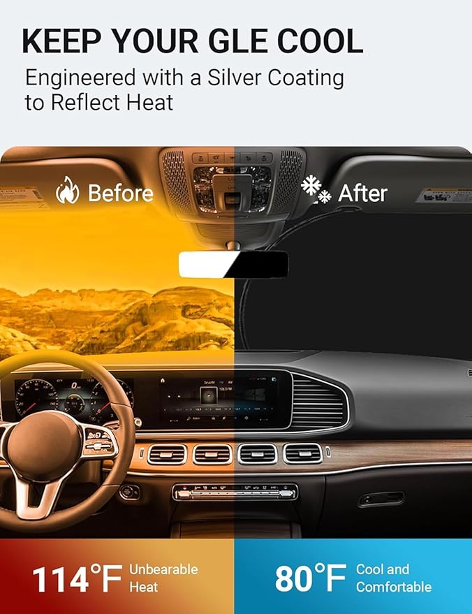 Proadsy 2025 Upgrade Windshield Sun Shade Custom Fit Mercedes Benz GLE 2020-2024 2025 4-Layer Foldable Front Sunshade Protector Sun Visor Blocks UV Rays Keep Car Cooler